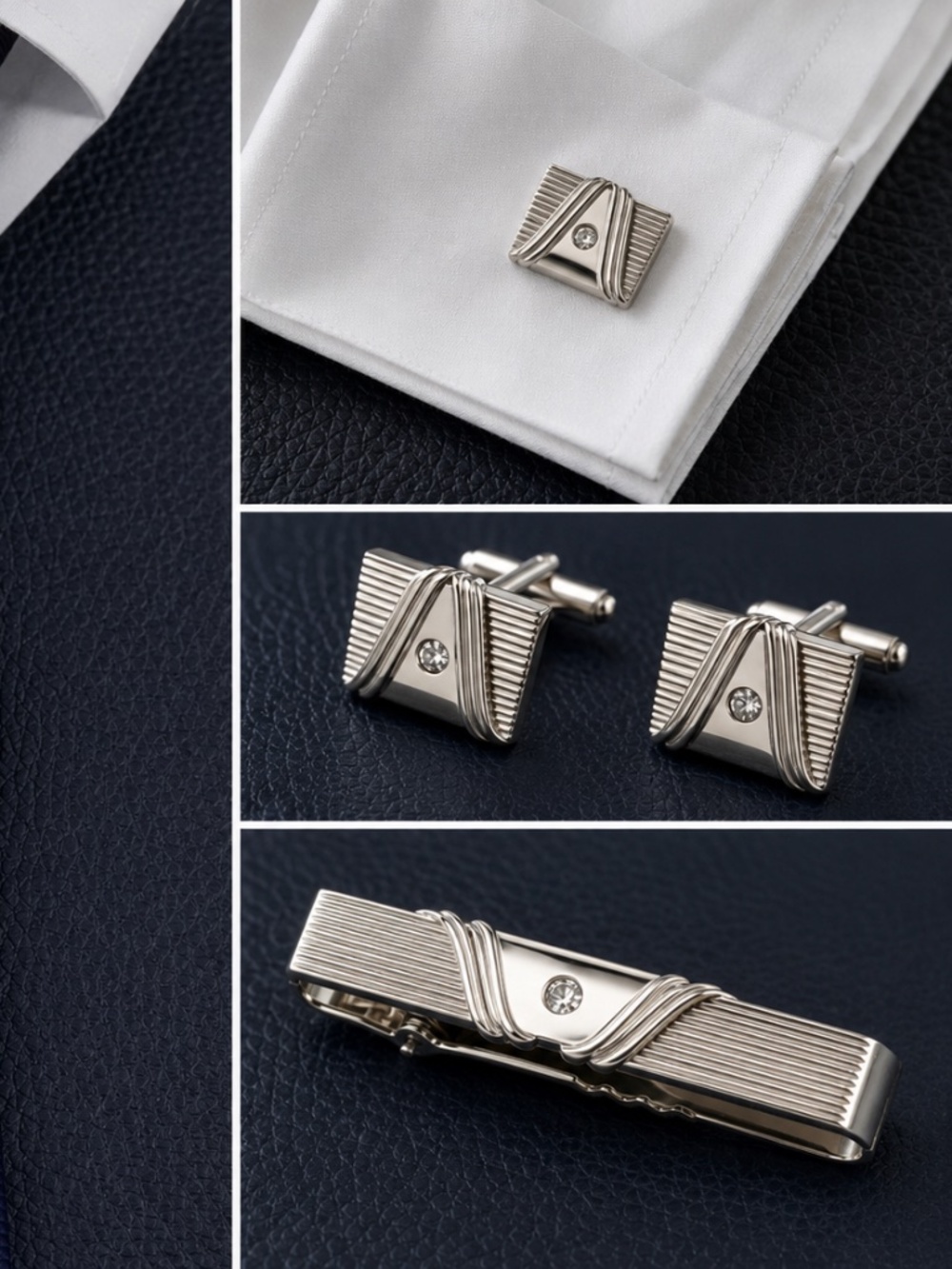 Vintage Anson Silver Tone Tie Bar & Cufflinks Set Rhinestone Formal Menswear